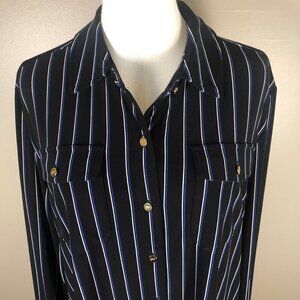 Lauren Ralph Lauren Long Sleeve Button Front Striped Black Slinky Blouse Size XL